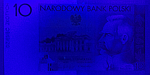 Banknot w ultrafiolecie 10 złotych 2008 (254 nm) - awers