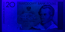Banknot w ultrafiolecie 20 złotych 2009 (254 nm) - awers
