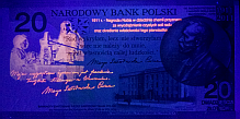 Banknot w ultrafiolecie 20 złotych 2011 (254 nm) - rewers
