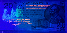 Banknot w ultrafiolecie 20 złotych 2011 (365 nm) - rewers