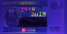 Banknot 20 złotych 2018 w ultrafolecie